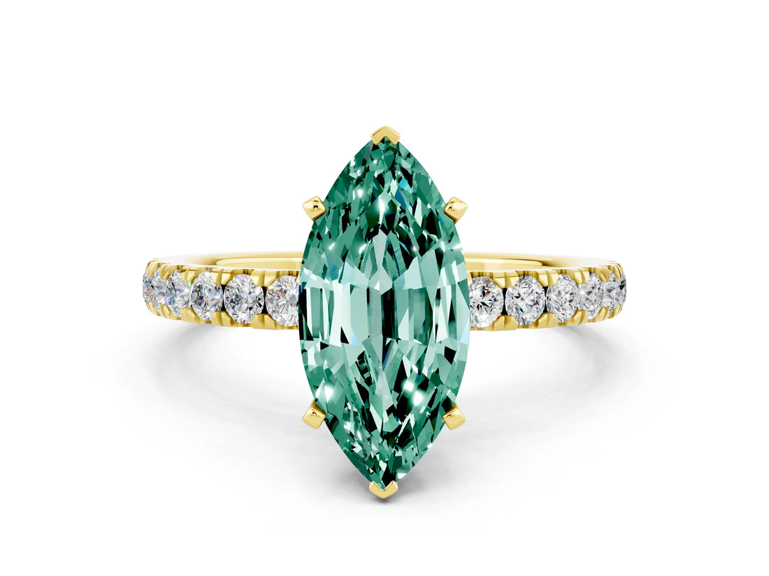 Yellow gold Marquise Cut Green Sapphire Solitaire Ring with Pavé Accents and Four-Prong Setting
