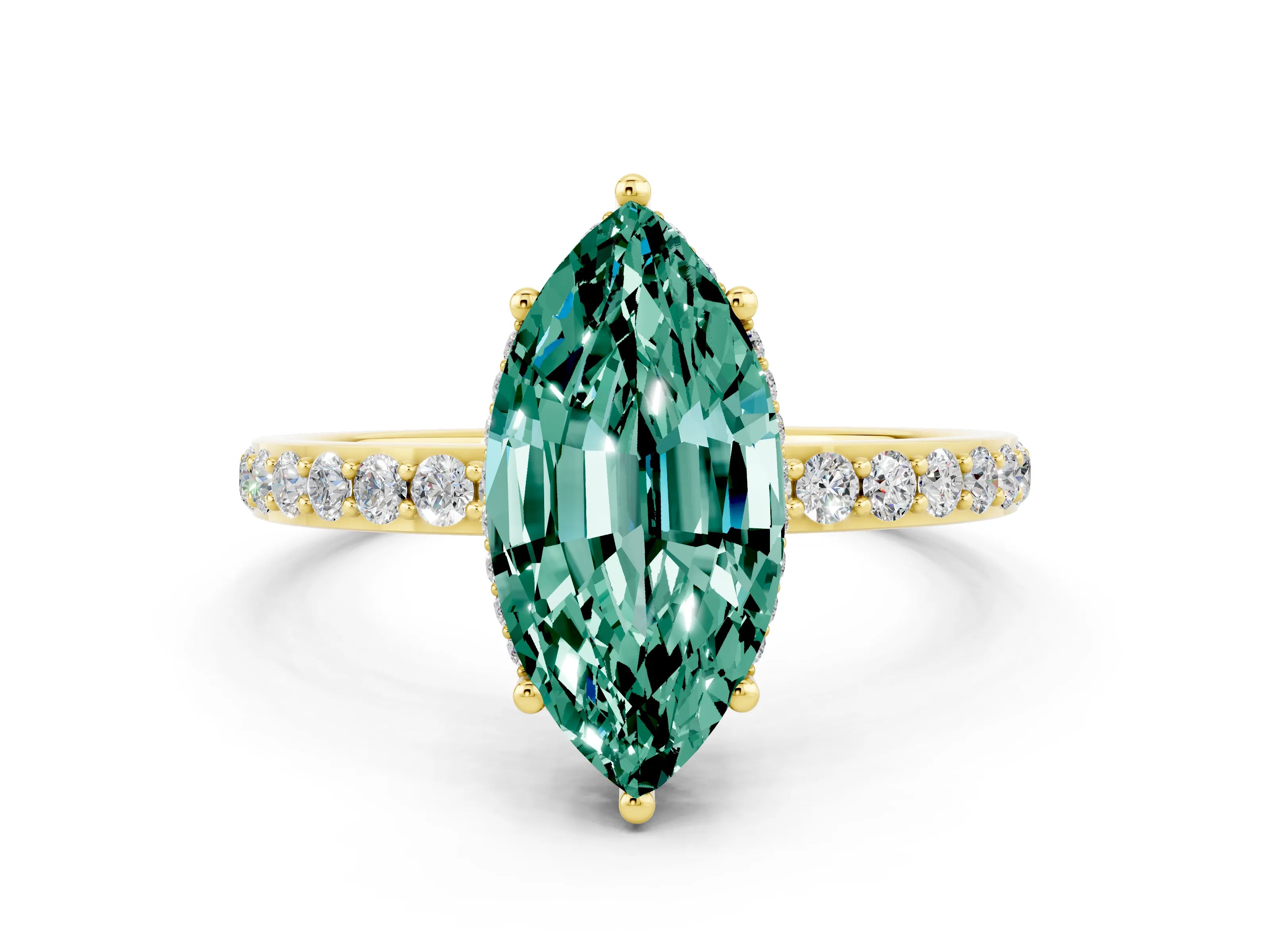 Yellow gold Marquise Cut Green Sapphire Solitaire Ring with Pavé Band and Hidden Halo_12