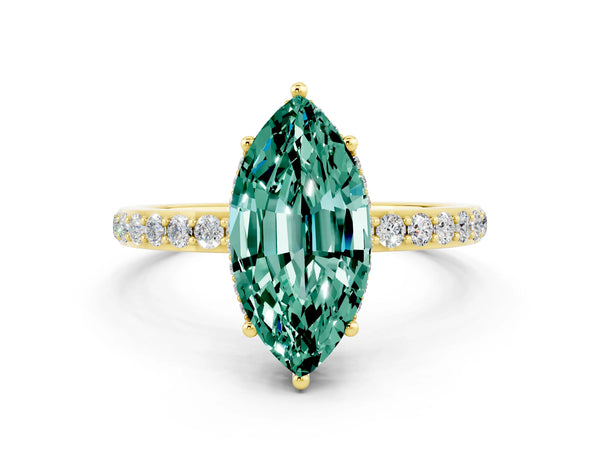 Yellow gold Marquise Cut Green Sapphire Solitaire Ring with Pavé Band and Hidden Halo