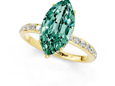 Yellow gold Marquise Cut Green Sapphire Solitaire Ring with Pavé Band and Hidden Halo_13