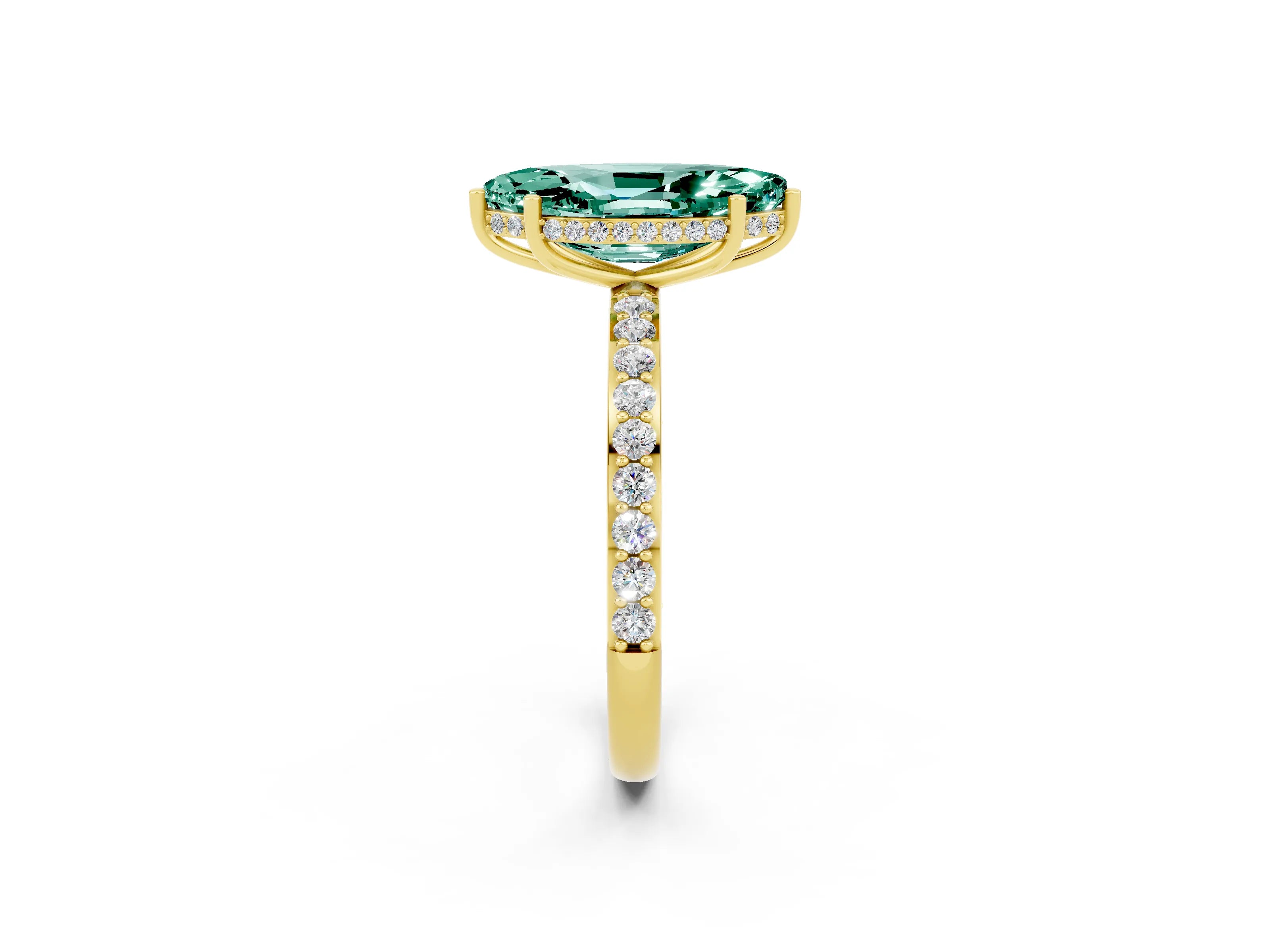 Yellow gold Marquise Cut Green Sapphire Solitaire Ring with Pavé Band and Hidden Halo_14