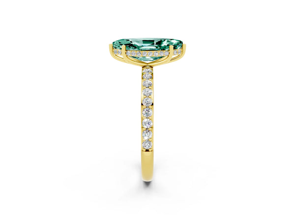 Yellow gold Marquise Cut Green Sapphire Solitaire Ring with Pavé Band and Hidden Halo