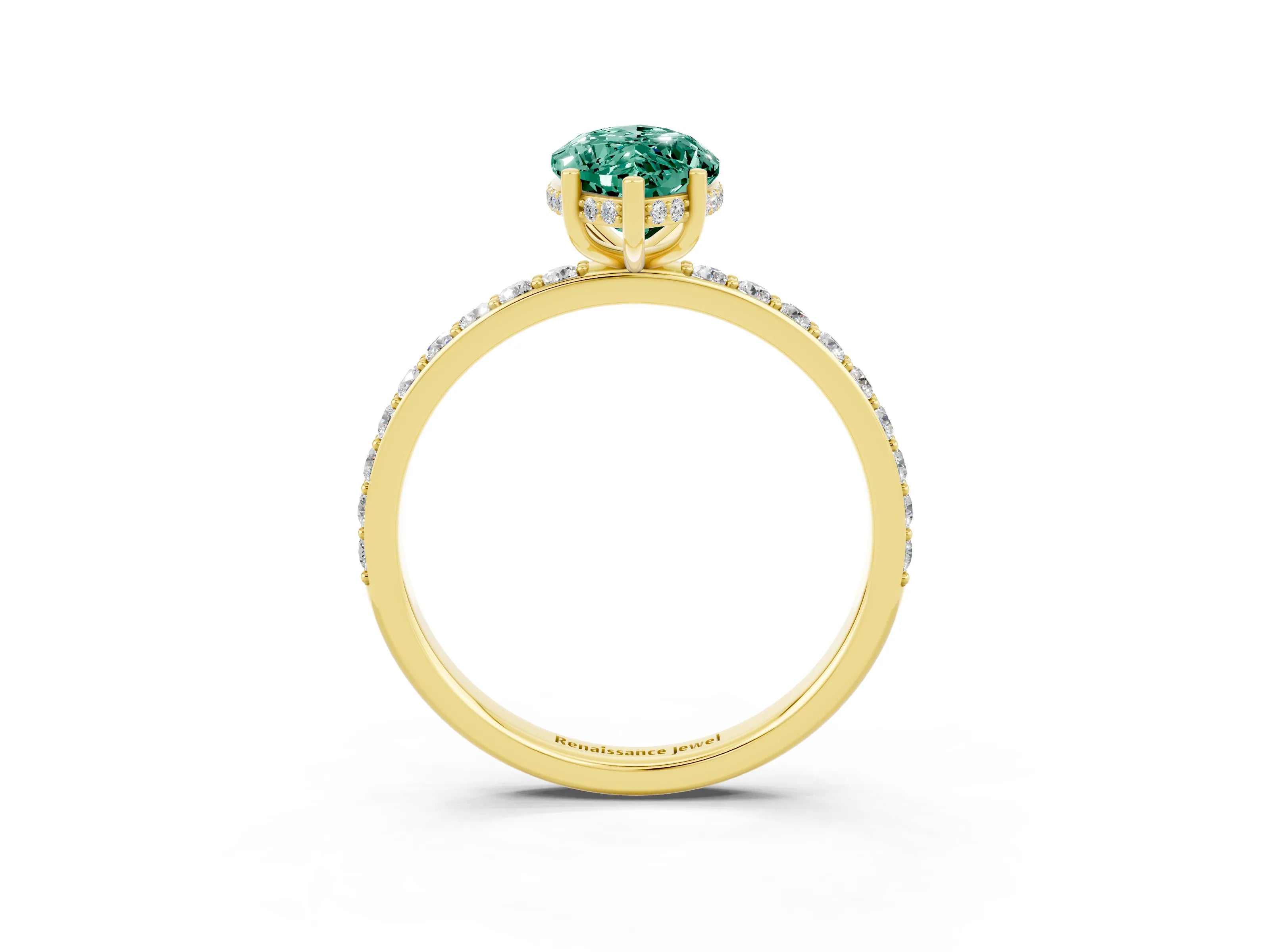 Yellow gold Marquise Cut Green Sapphire Solitaire Ring with Pavé Band and Hidden Halo_15