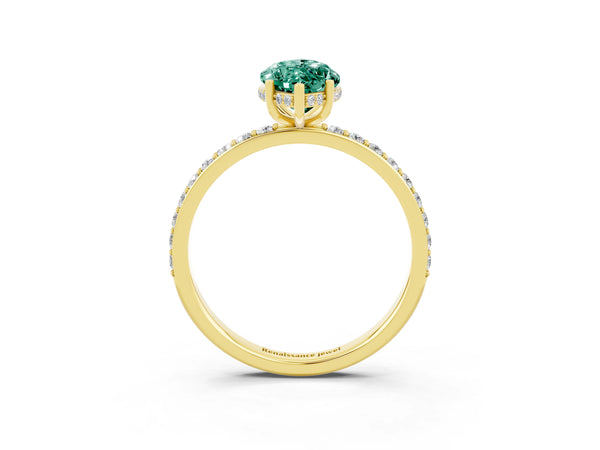 Yellow gold Marquise Cut Green Sapphire Solitaire Ring with Pavé Band and Hidden Halo