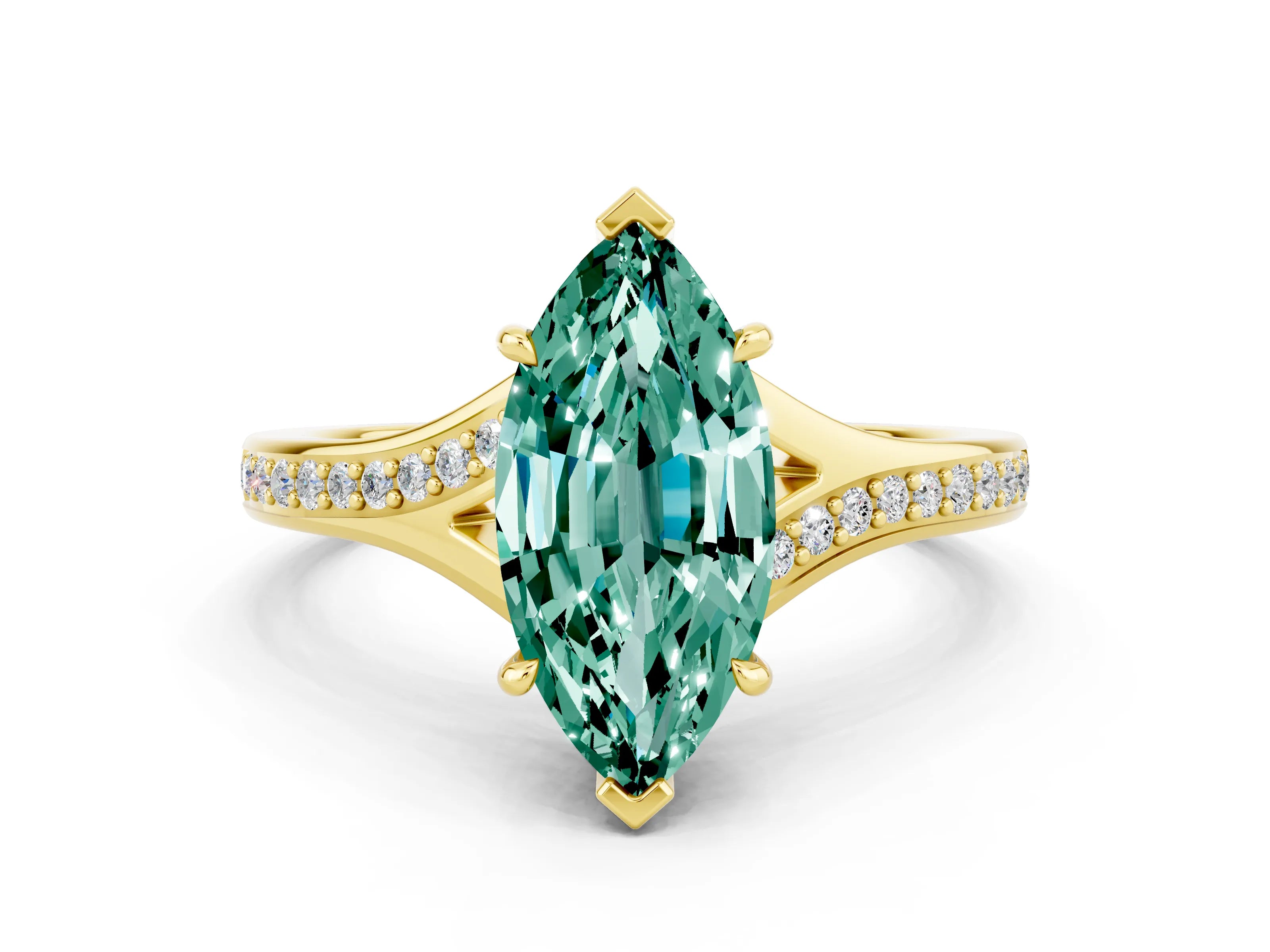 Yellow gold Marquise Cut Green Sapphire Solitaire Ring with Pavé Band and Prong Setting