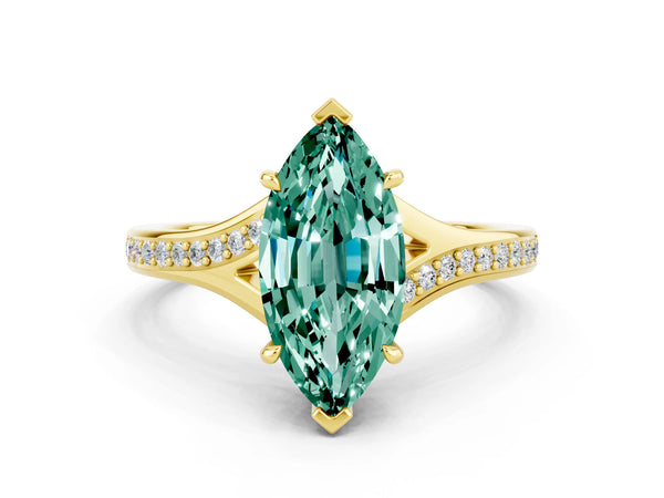 Yellow gold Marquise Cut Green Sapphire Solitaire Ring with Pavé Band and Prong Setting