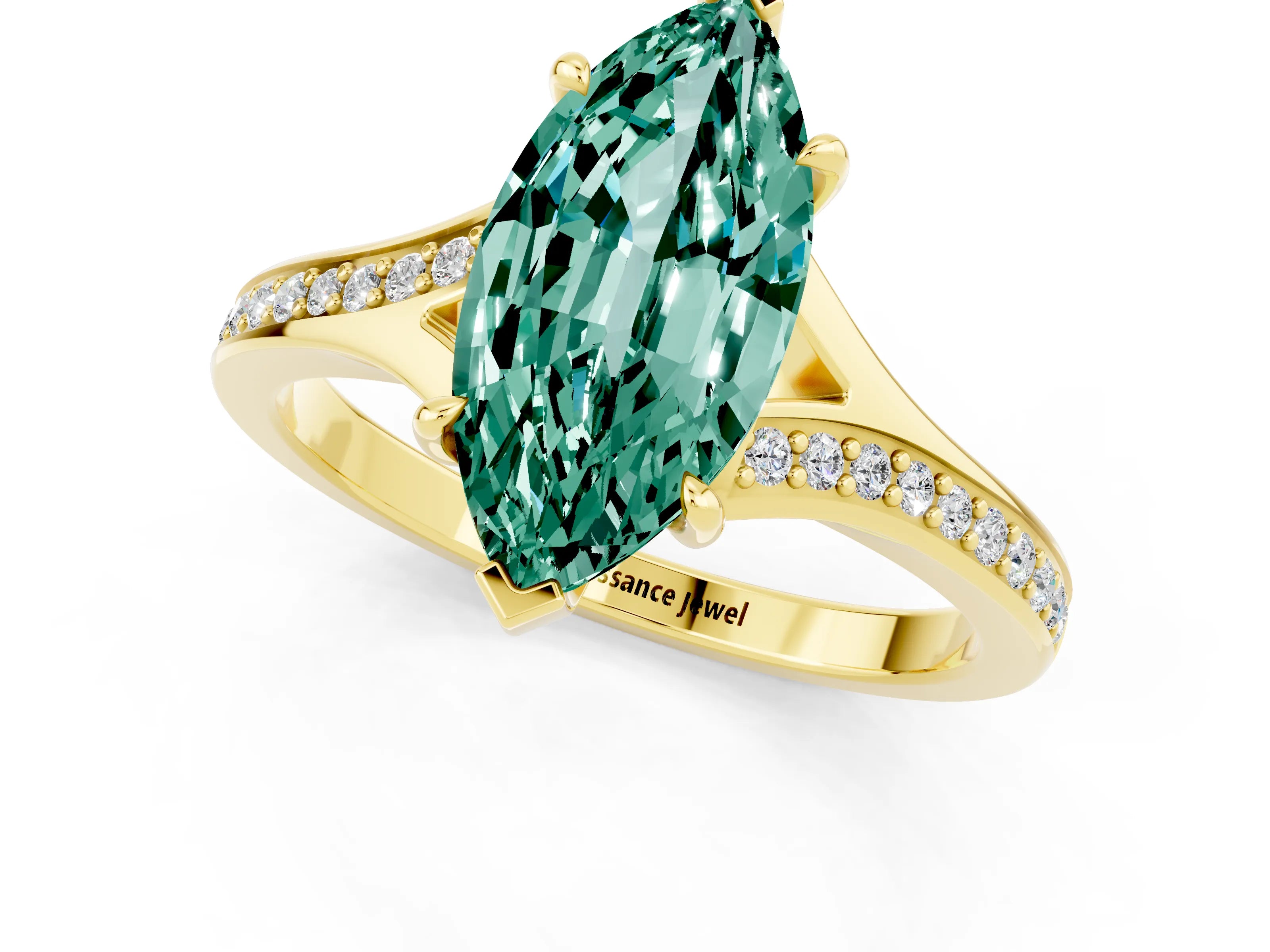 Yellow gold Marquise Cut Green Sapphire Solitaire Ring with Pavé Band and Prong Setting_1