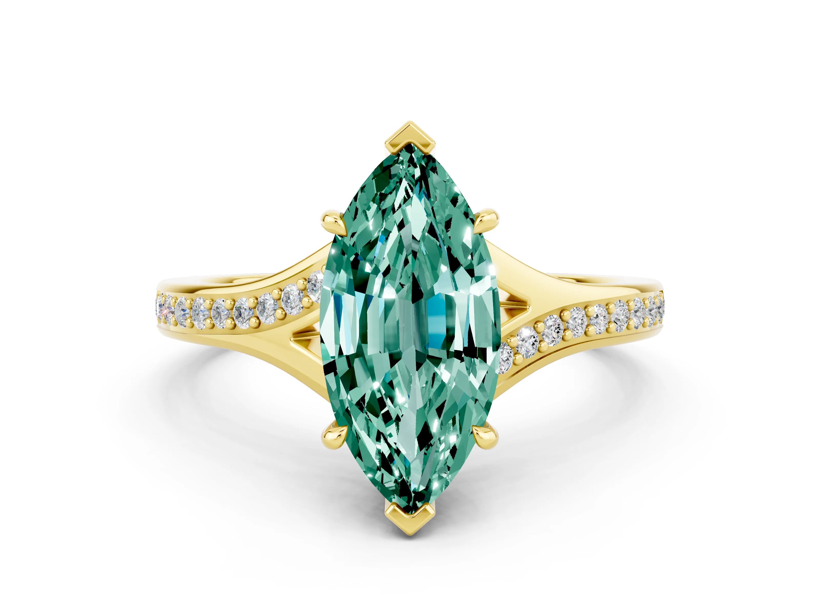 Yellow gold Marquise Cut Green Sapphire Solitaire Ring with Pavé Band and Prong Setting_12
