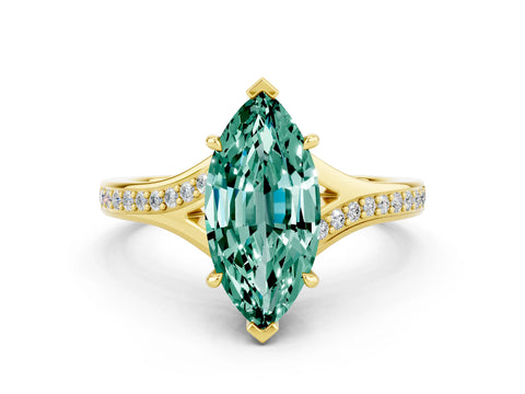 Yellow gold Marquise Cut Green Sapphire Solitaire Ring with Pavé Band and Prong Setting_12