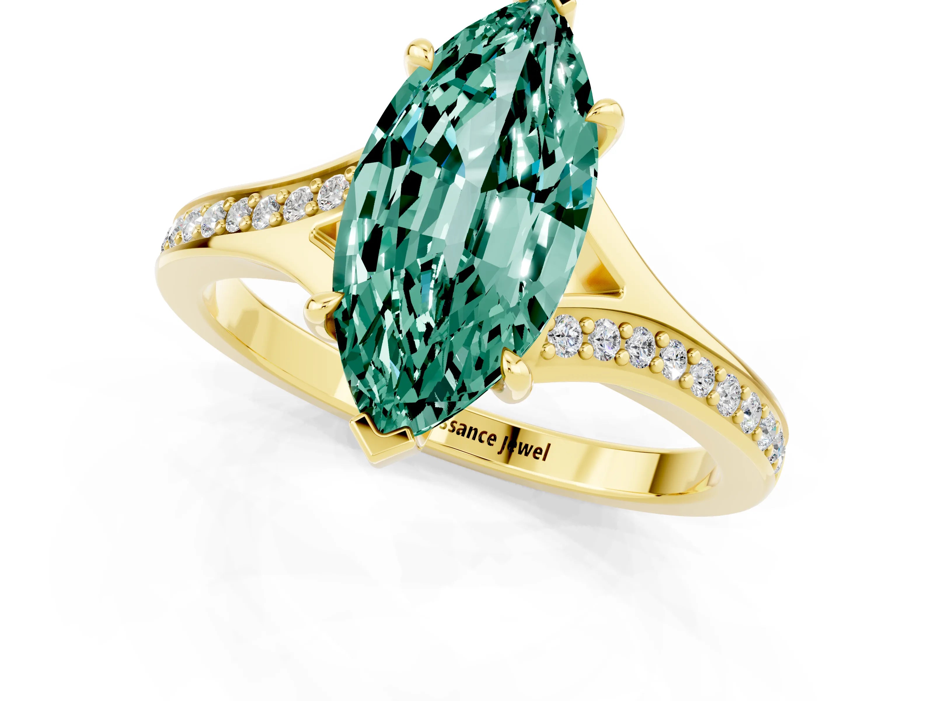 Yellow gold Marquise Cut Green Sapphire Solitaire Ring with Pavé Band and Prong Setting_13