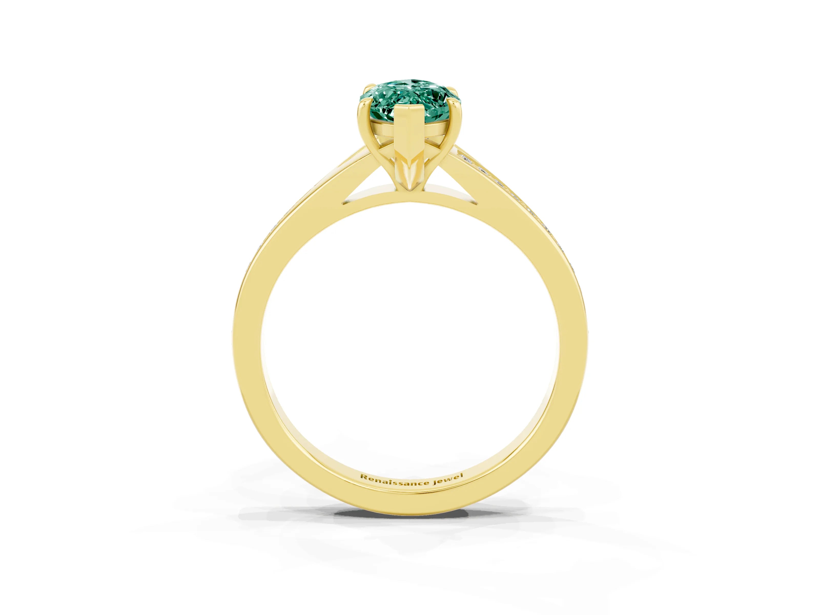 Yellow gold Marquise Cut Green Sapphire Solitaire Ring with Pavé Band and Prong Setting_15