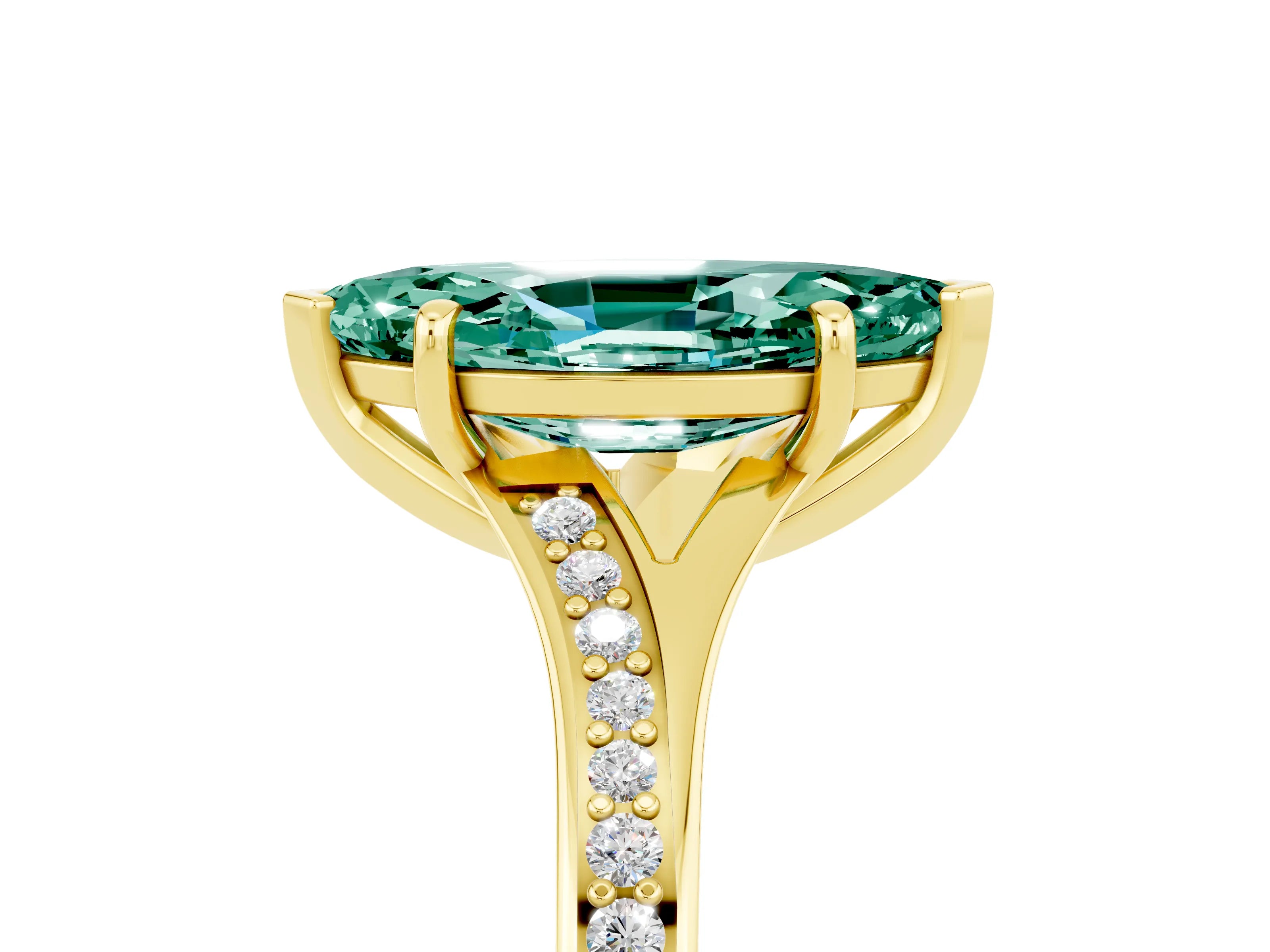 Yellow gold Marquise Cut Green Sapphire Solitaire Ring with Pavé Band and Prong Setting_17
