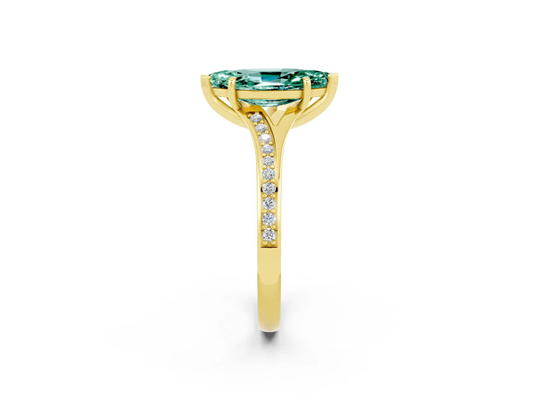 Yellow gold Marquise Cut Green Sapphire Solitaire Ring with Pavé Band and Prong Setting