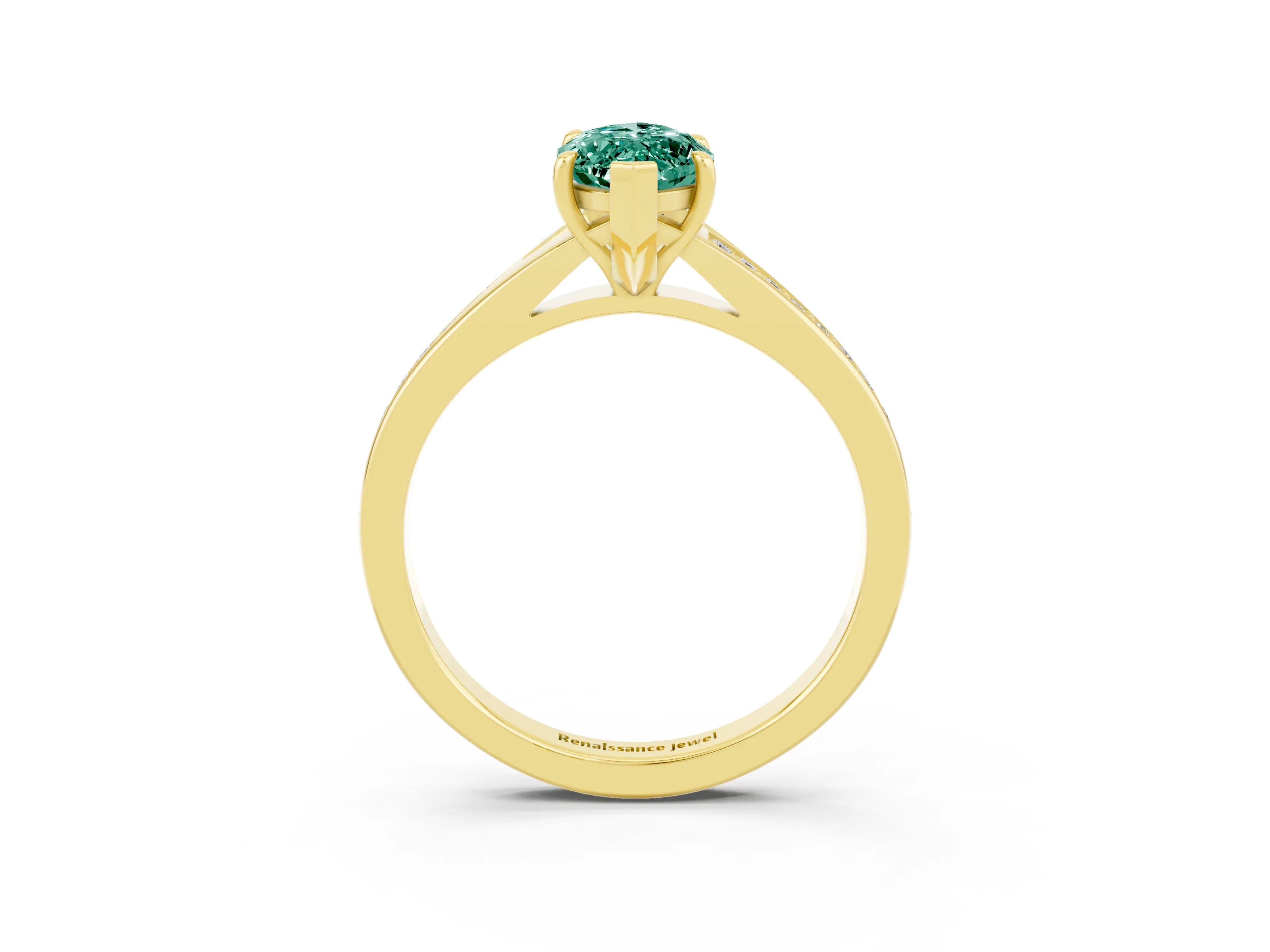 Yellow gold Marquise Cut Green Sapphire Solitaire Ring with Pavé Band and Prong Setting_3
