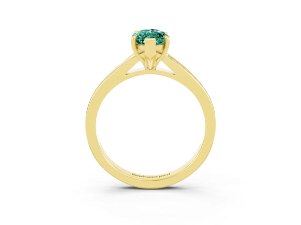 Yellow gold Marquise Cut Green Sapphire Solitaire Ring with Pavé Band and Prong Setting