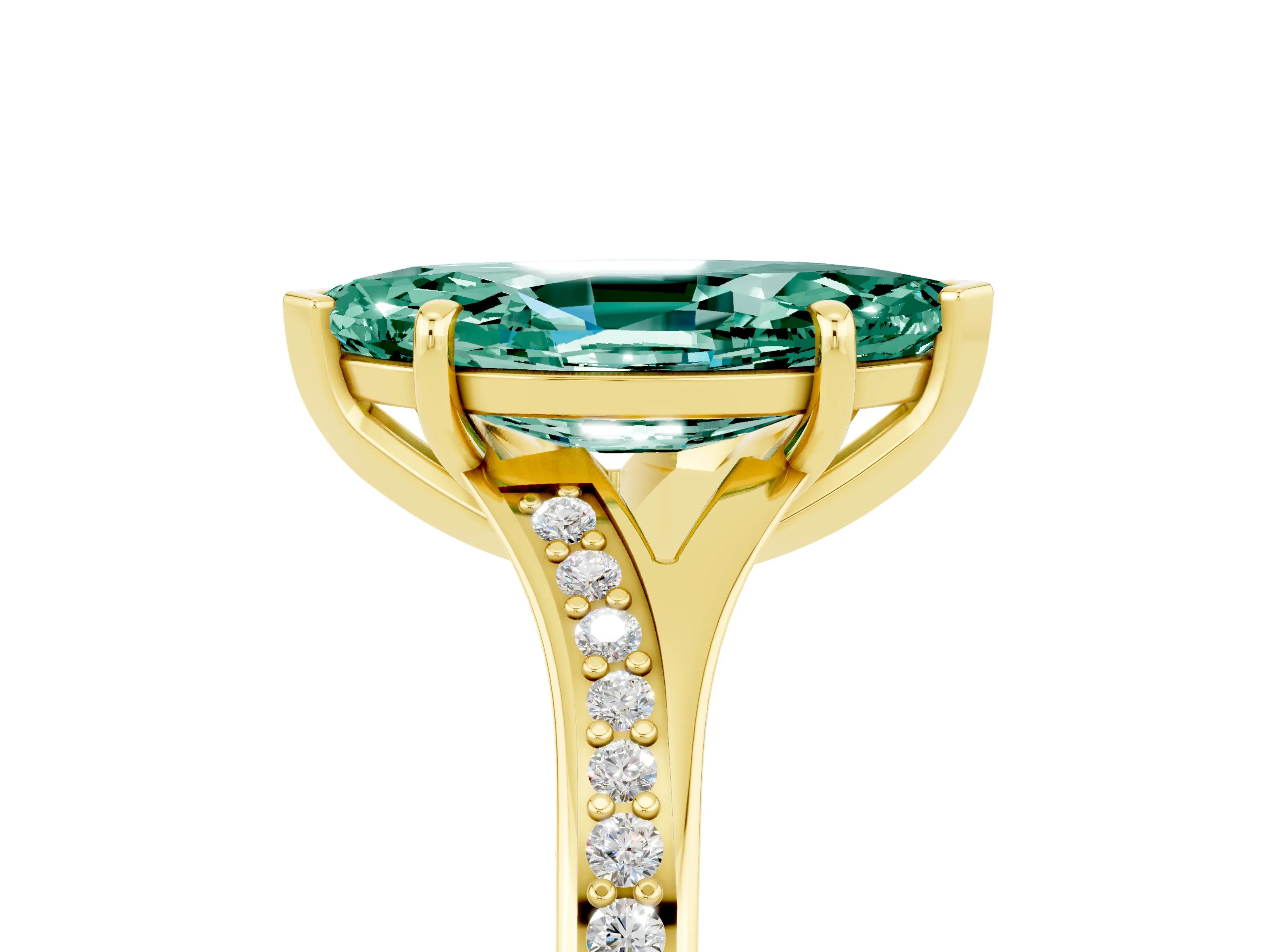 Yellow gold Marquise Cut Green Sapphire Solitaire Ring with Pavé Band and Prong Setting_5