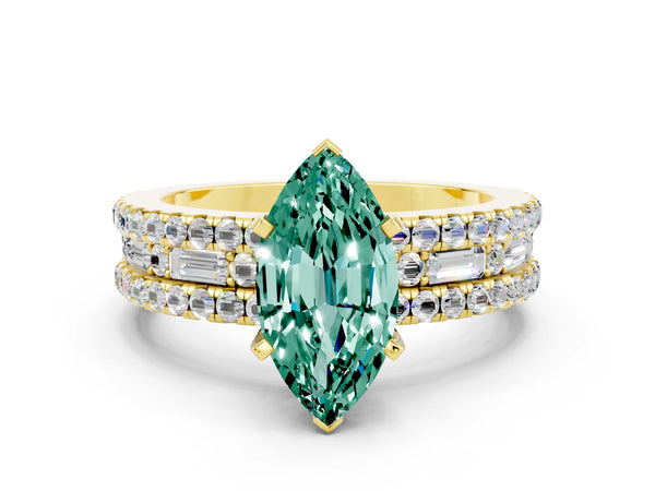Yellow gold Marquise Cut Green Sapphire Solitaire Ring with Pavé and Channel Set Band