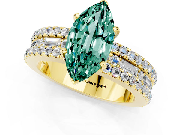 Yellow gold Marquise Cut Green Sapphire Solitaire Ring with Pavé and Channel Set Band