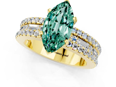 Yellow gold Marquise Cut Green Sapphire Solitaire Ring with Pavé and Channel Set Band_1