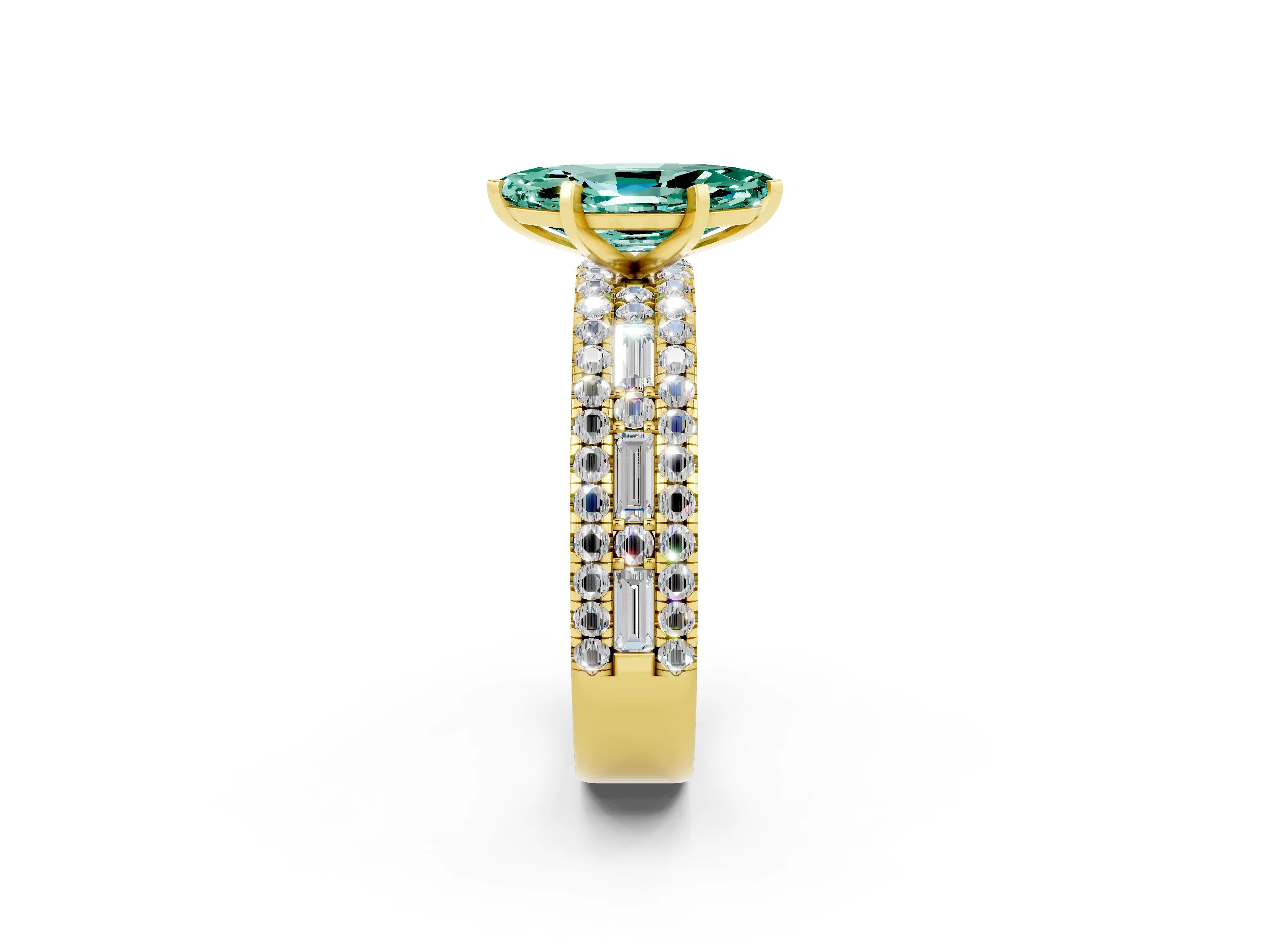 Yellow gold Marquise Cut Green Sapphire Solitaire Ring with Pavé and Channel Set Band_2