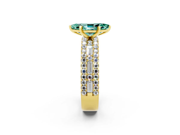 Yellow gold Marquise Cut Green Sapphire Solitaire Ring with Pavé and Channel Set Band