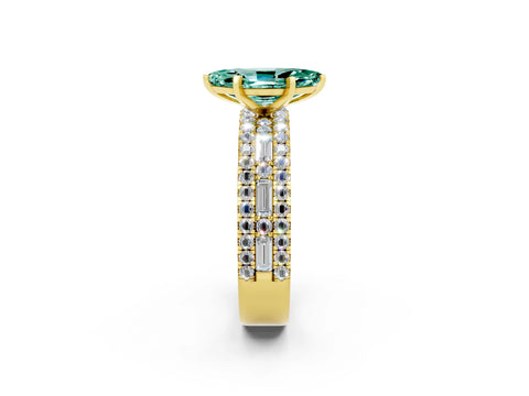 Yellow gold Marquise Cut Green Sapphire Solitaire Ring with Pavé and Channel Set Band_2