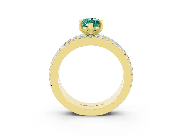 Yellow gold Marquise Cut Green Sapphire Solitaire Ring with Pavé and Channel Set Band