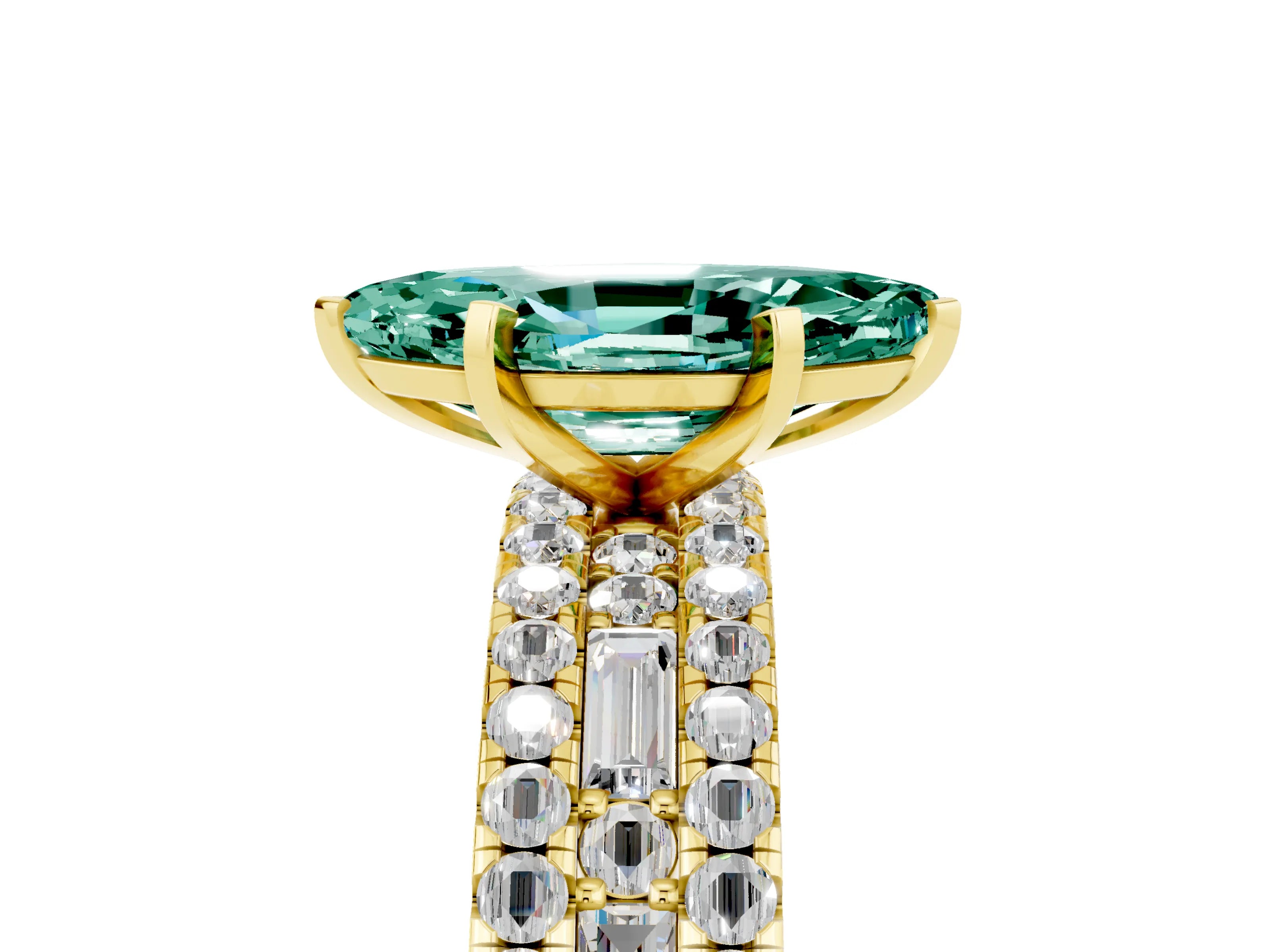 Yellow gold Marquise Cut Green Sapphire Solitaire Ring with Pavé and Channel Set Band_5