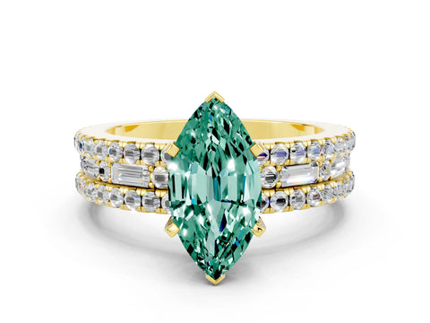 Yellow gold Marquise Cut Green Sapphire Solitaire Ring with Pavé and Channel Set Band