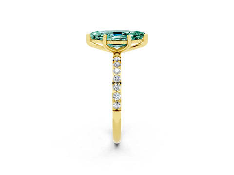 Yellow gold Marquise Cut Green Sapphire Solitaire Ring with Pave Band and Four Prong Setting_14