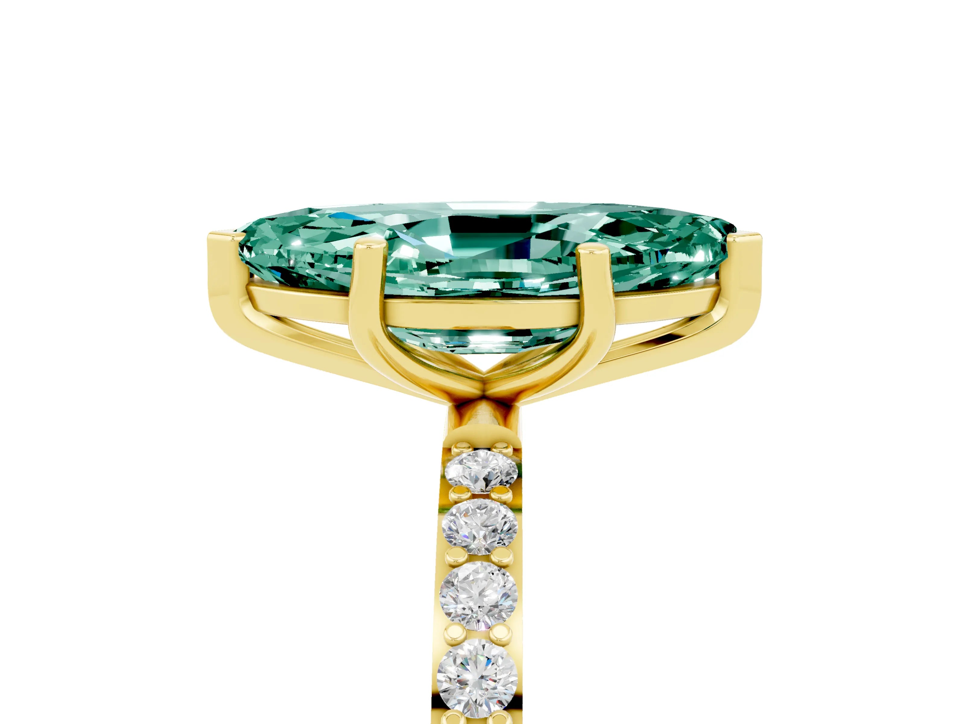 Yellow gold Marquise Cut Green Sapphire Solitaire Ring with Pave Band and Four Prong Setting_17