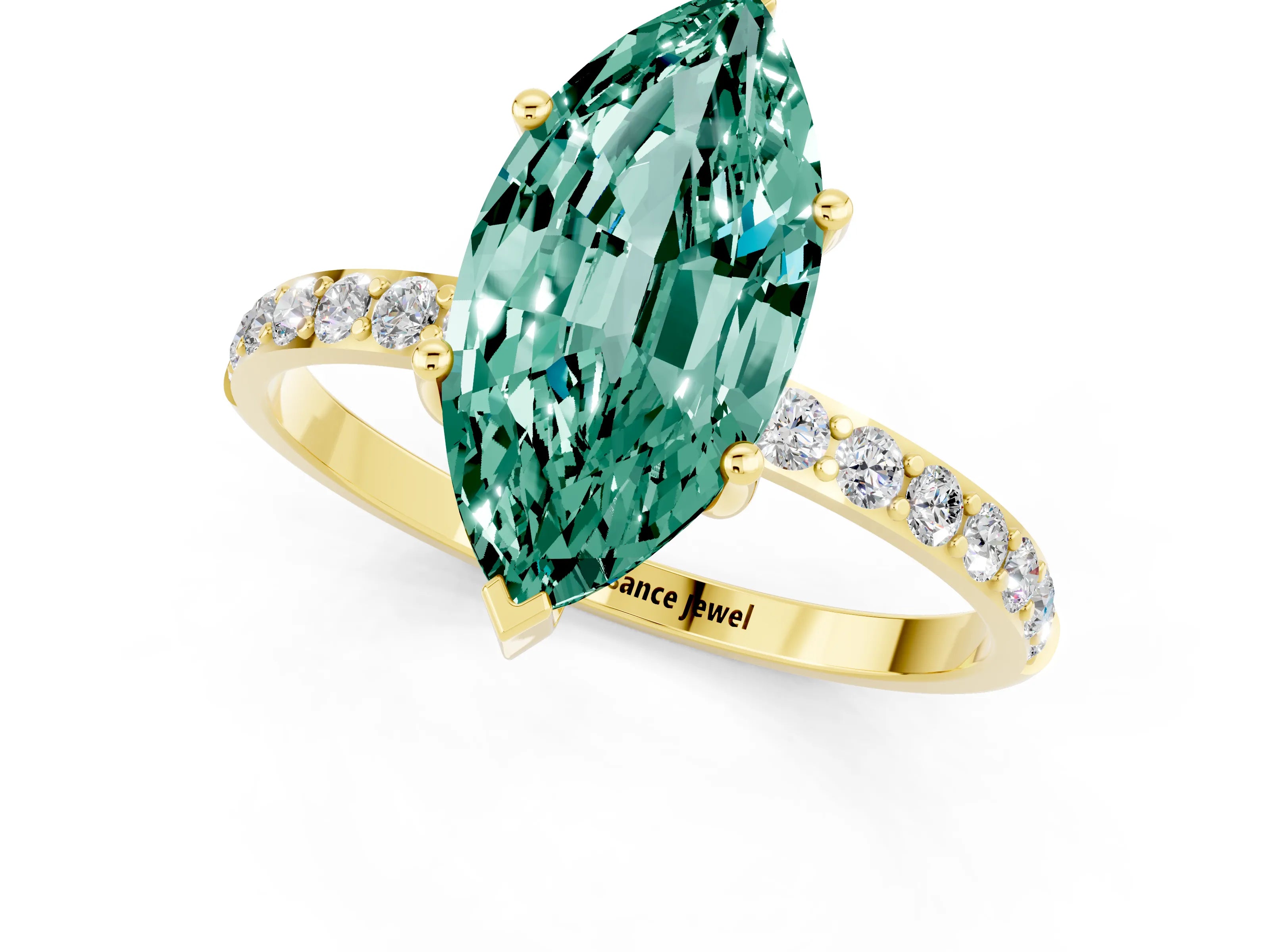 Yellow gold Marquise Cut Green Sapphire Solitaire Ring with Pave Band and Four Prong Setting_25