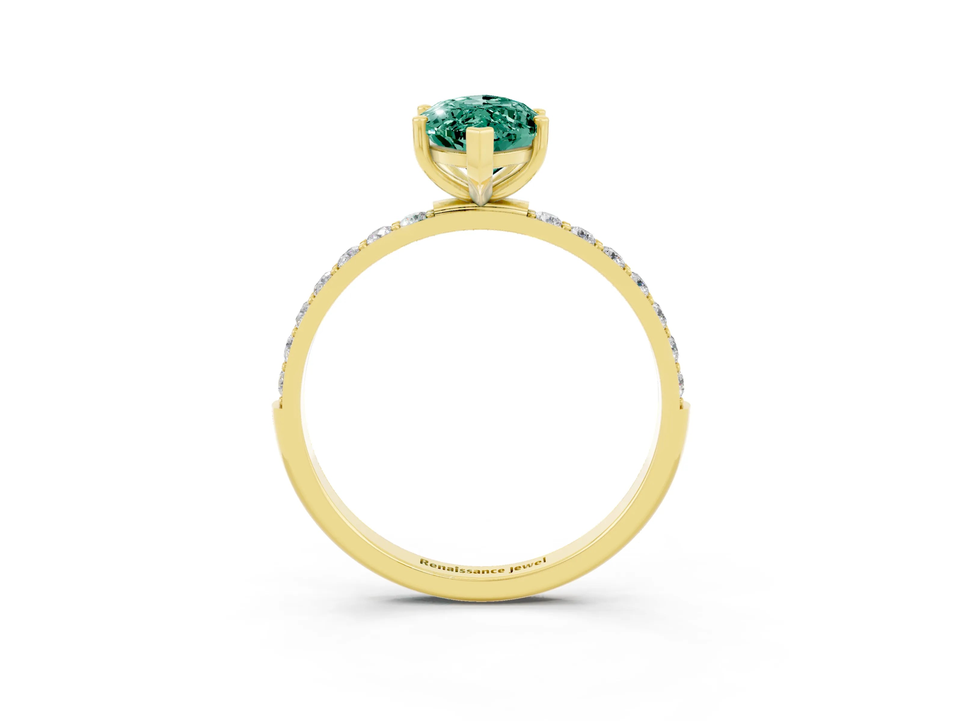 Yellow gold Marquise Cut Green Sapphire Solitaire Ring with Pave Band and Four Prong Setting_27