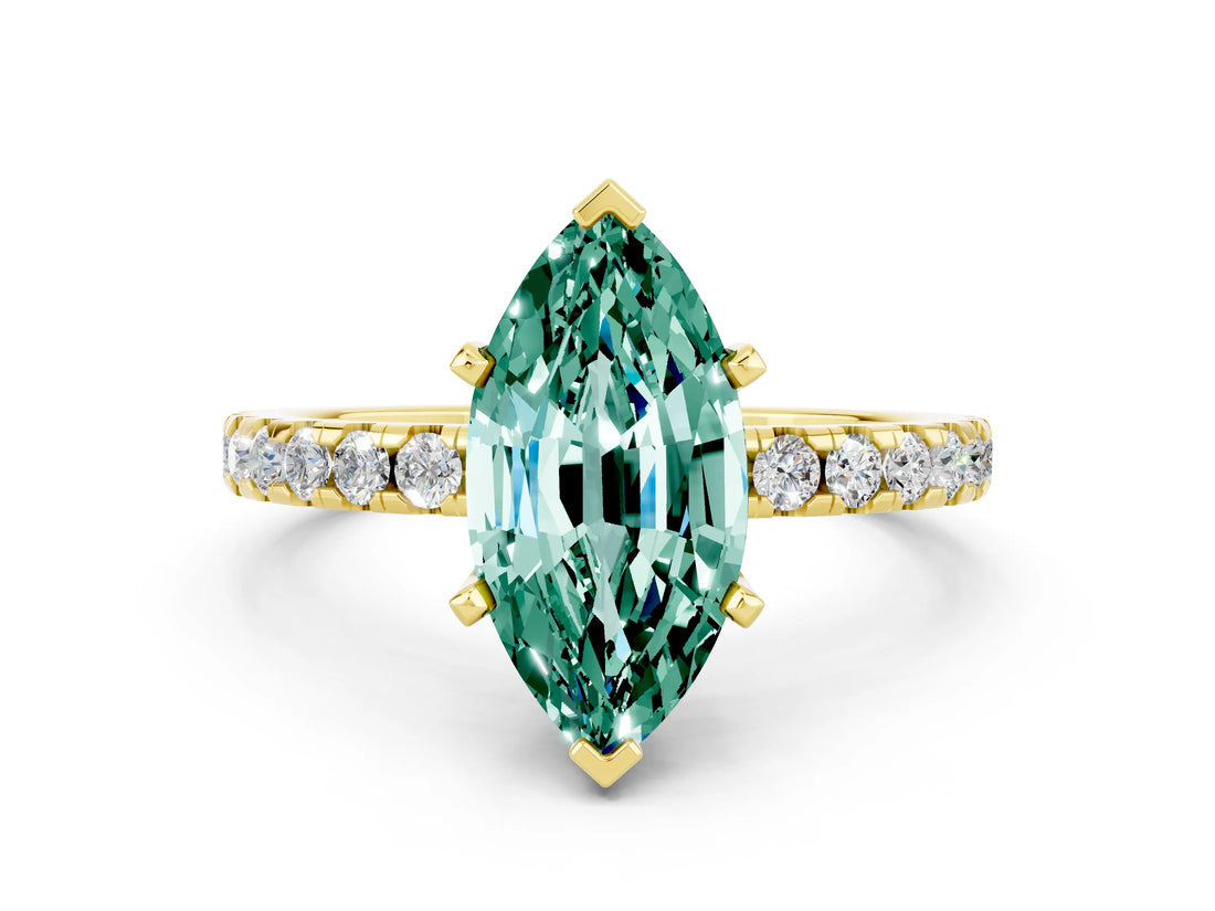 Yellow gold Marquise Cut Green Sapphire Solitaire Ring with Round  Pavé Band and Four-Prong Setting_36