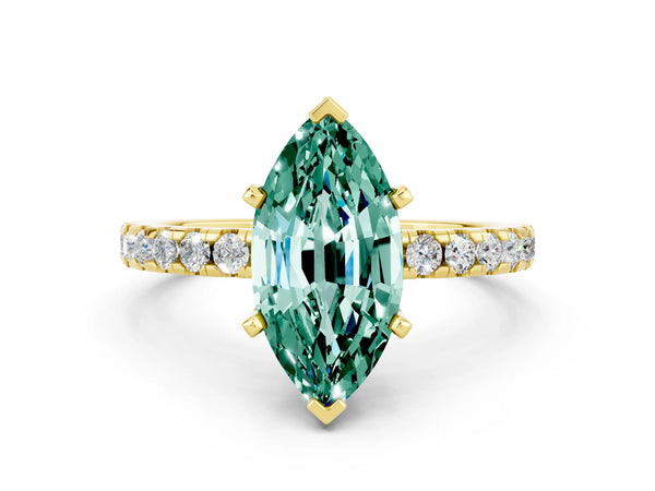 Yellow gold Marquise Cut Green Sapphire Solitaire Ring with Round Pavé Band and Four-Prong Setting
