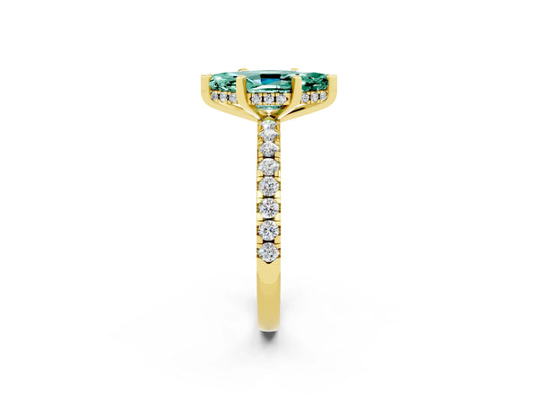 Yellow gold Marquise Cut Green Sapphire Solitaire Ring with Round Pavé Band and Four-Prong Setting
