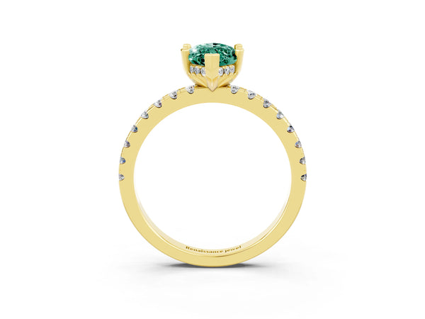 Yellow gold Marquise Cut Green Sapphire Solitaire Ring with Round Pavé Band and Four-Prong Setting