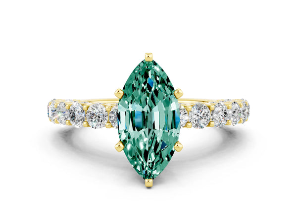Yellow gold Marquise Cut Green Sapphire Solitaire Ring with Shared Prong Pavé Band and Four-Prong Setting