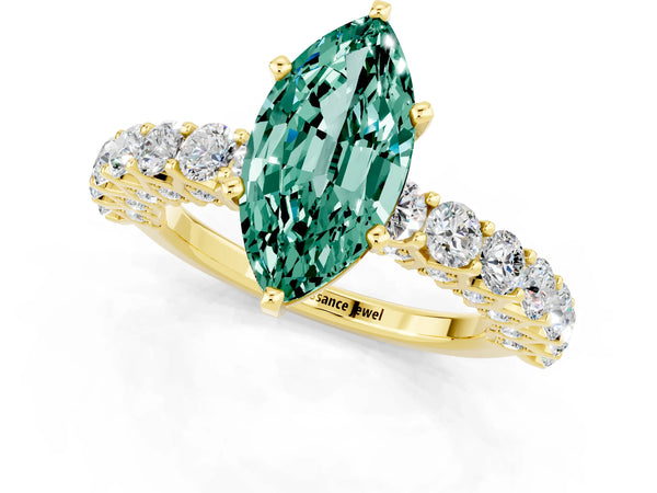 Yellow gold Marquise Cut Green Sapphire Solitaire Ring with Shared Prong Pavé Band and Four-Prong Setting