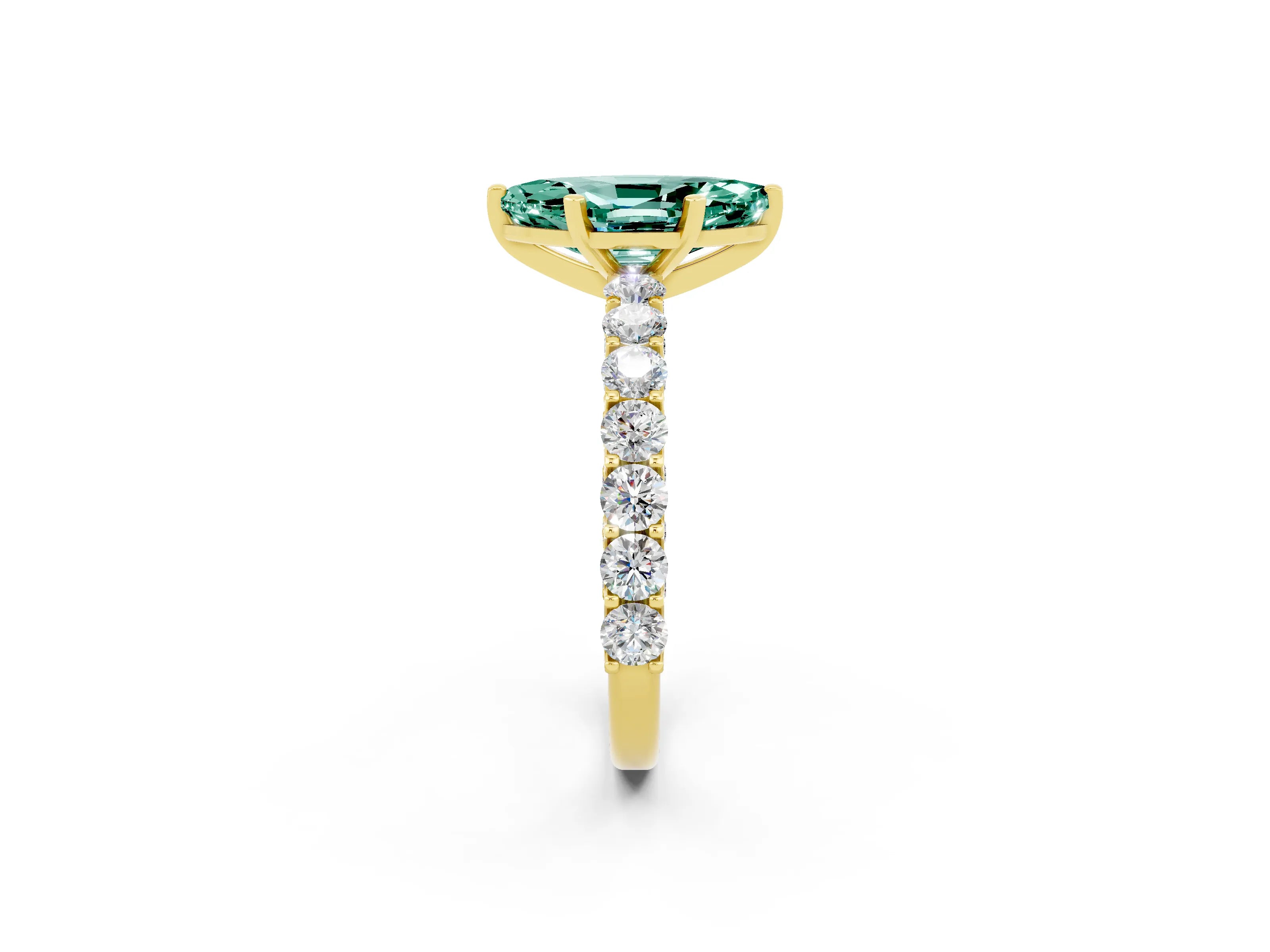 Yellow gold Marquise Cut Green Sapphire Solitaire Ring with Shared Prong Pavé Band and Four-Prong Setting_2