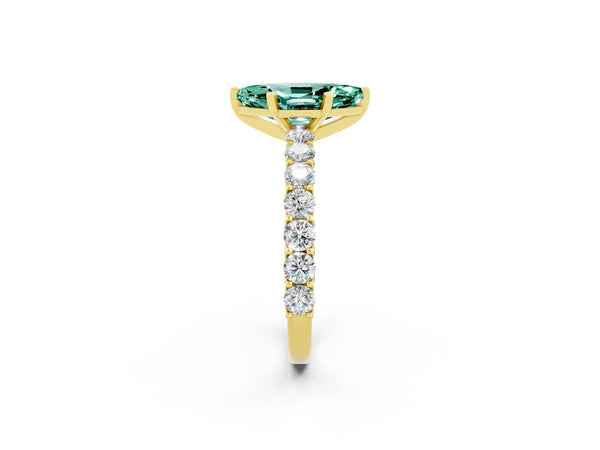 Yellow gold Marquise Cut Green Sapphire Solitaire Ring with Shared Prong Pavé Band and Four-Prong Setting