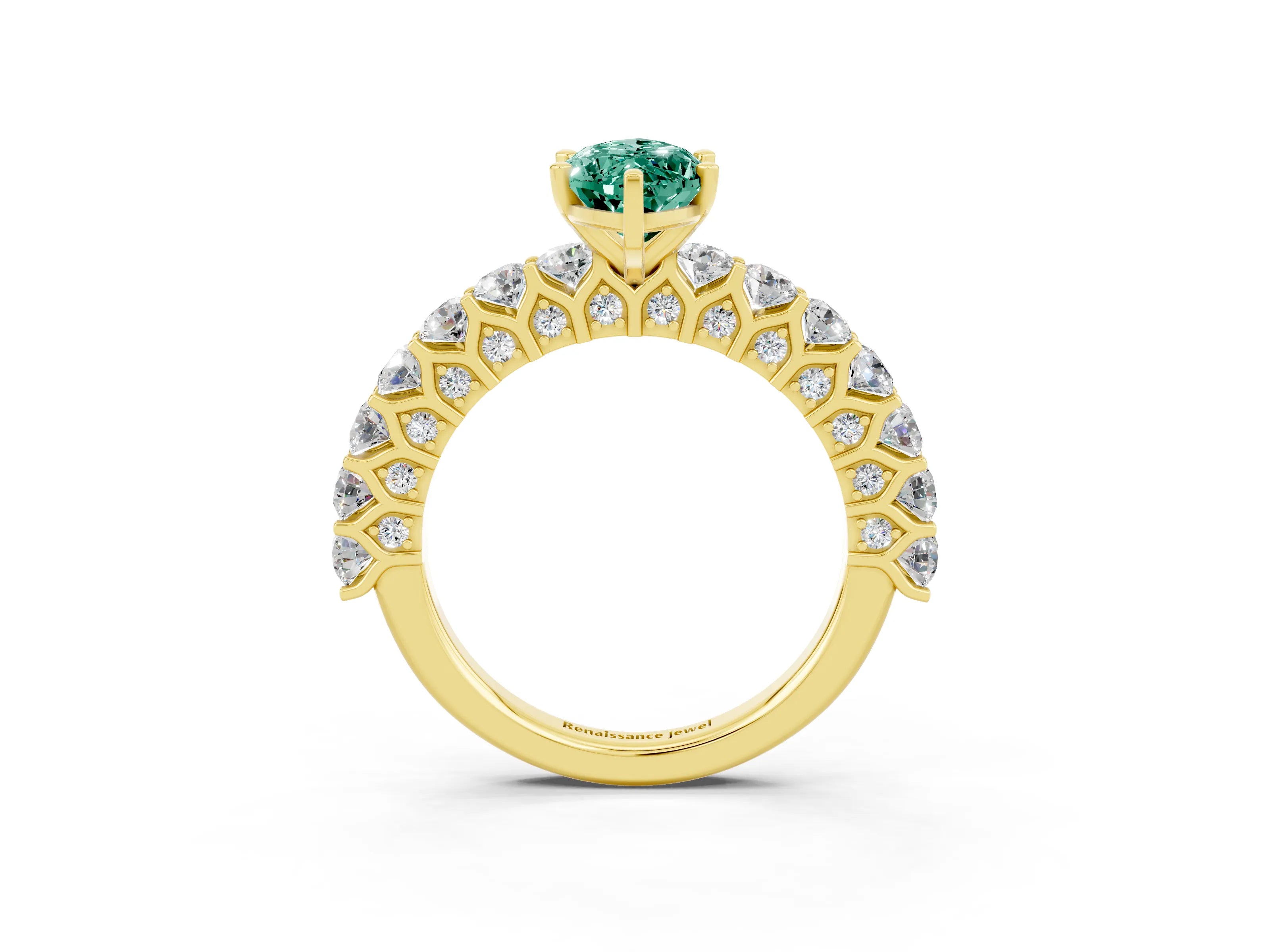 Yellow gold Marquise Cut Green Sapphire Solitaire Ring with Shared Prong Pavé Band and Four-Prong Setting_3