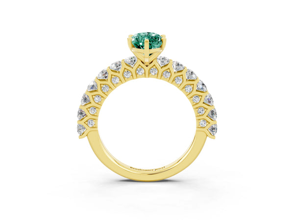 Yellow gold Marquise Cut Green Sapphire Solitaire Ring with Shared Prong Pavé Band and Four-Prong Setting