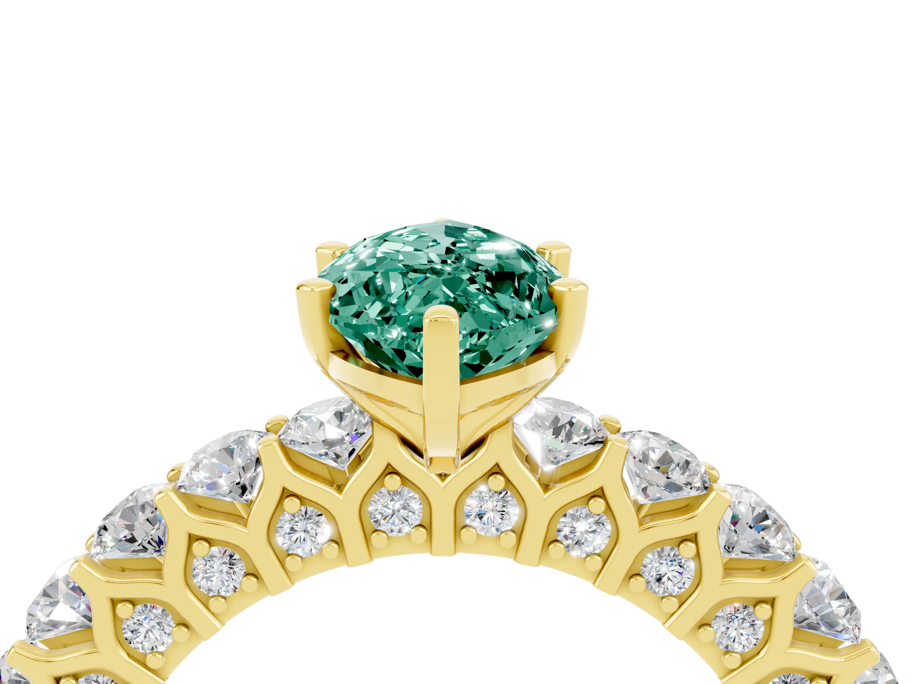 Yellow gold Marquise Cut Green Sapphire Solitaire Ring with Shared Prong Pavé Band and Four-Prong Setting_4
