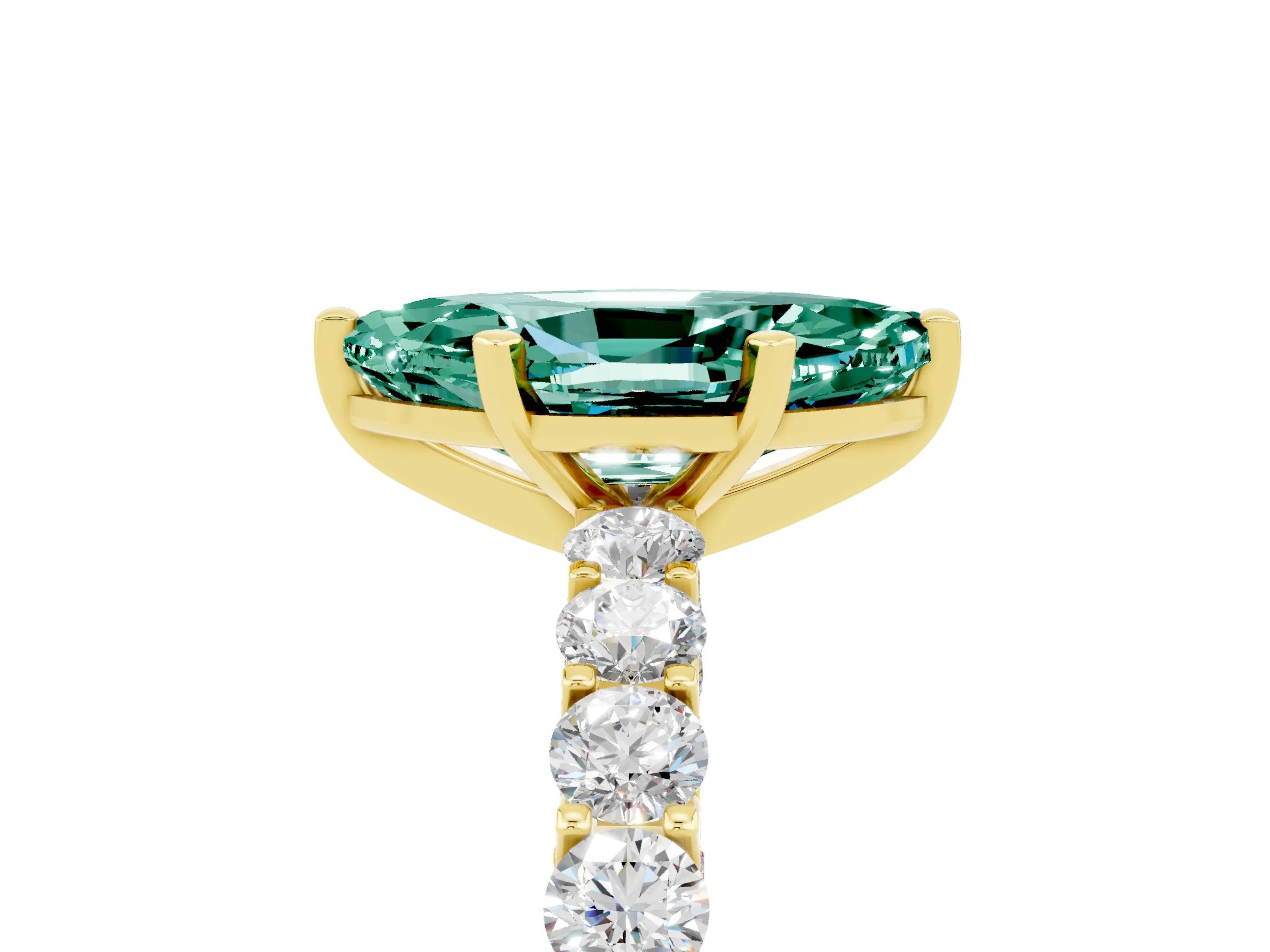 Yellow gold Marquise Cut Green Sapphire Solitaire Ring with Shared Prong Pavé Band and Four-Prong Setting_5