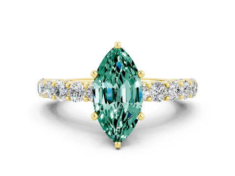 Yellow gold Marquise Cut Green Sapphire Solitaire Ring with Shared Prong Pavé Band and Four-Prong Setting