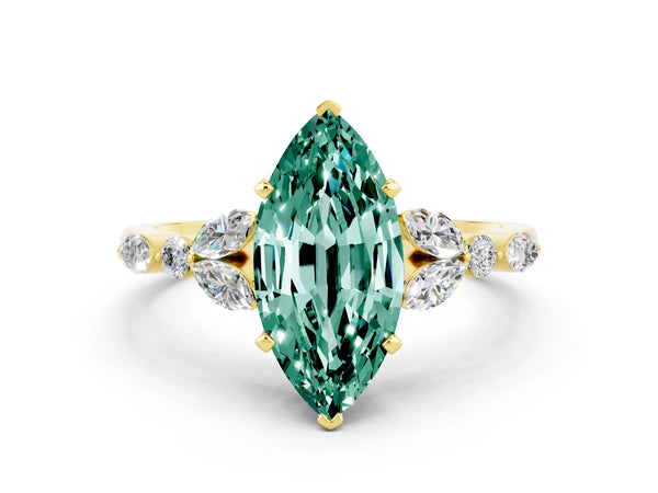 Yellow gold Marquise Cut Green Sapphire Solitaire Ring with Side Stones and Four-Prong Setting