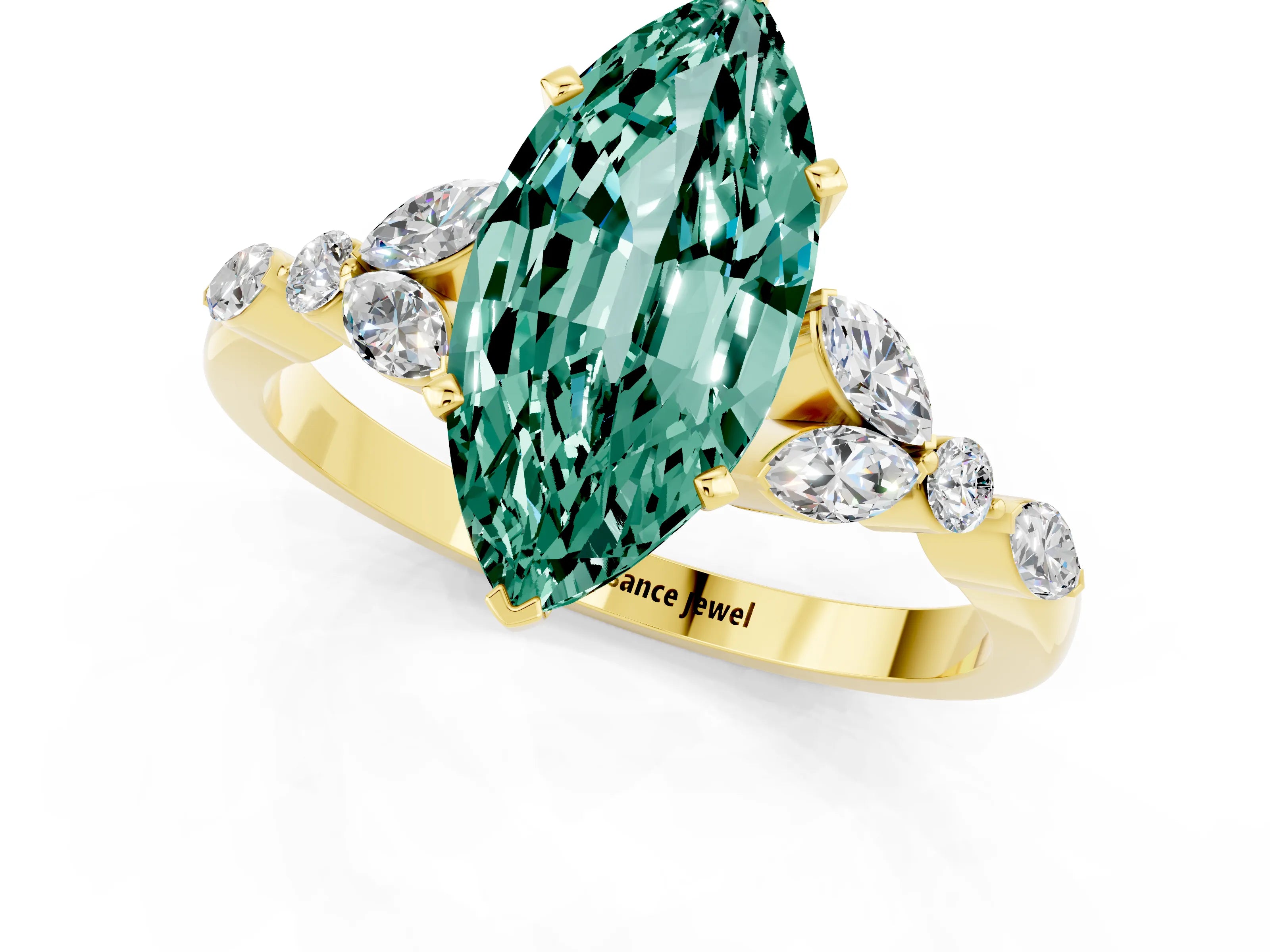 Yellow gold Marquise Cut Green Sapphire Solitaire Ring with Side Stones and Four-Prong Setting_13
