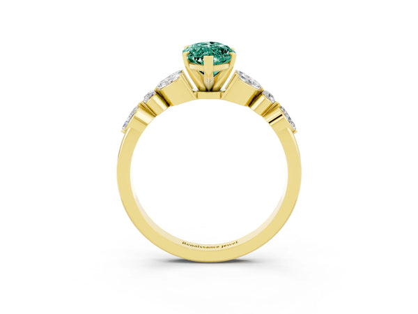 Yellow gold Marquise Cut Green Sapphire Solitaire Ring with Side Stones and Four-Prong Setting