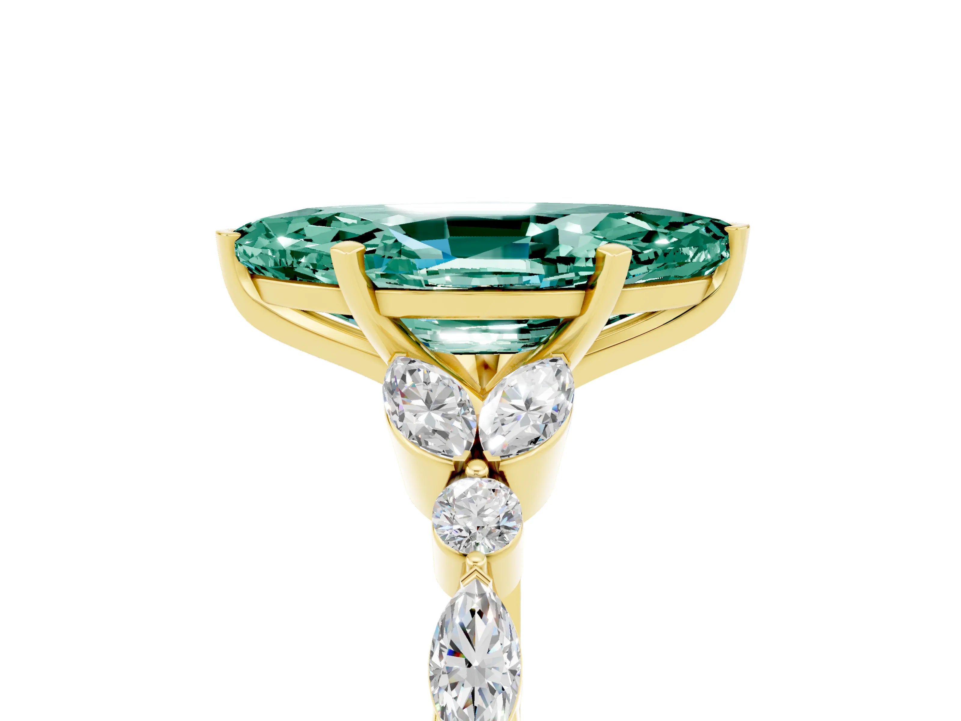 Yellow gold Marquise Cut Green Sapphire Solitaire Ring with Side Stones and Four-Prong Setting_17